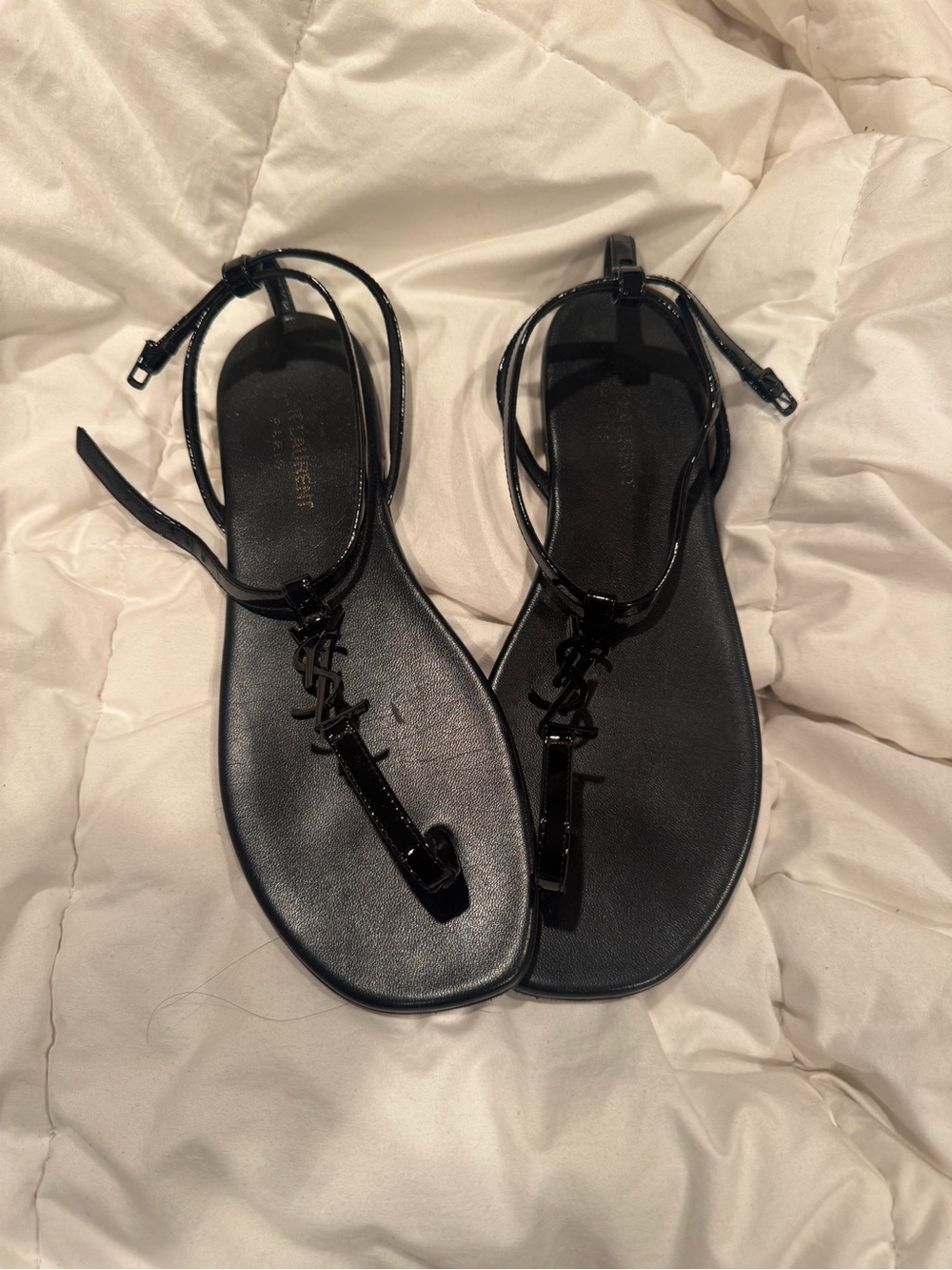 Saint Laurent Black Patent Leather T-Strap Sandals with YSL Logo